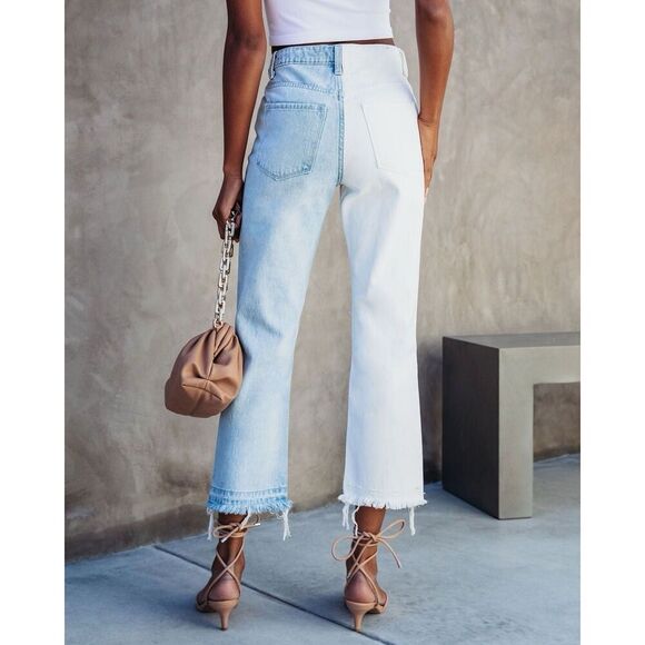 Vervet High Rise Cross Over Two Toned Jeans Rigid Denim Fray Hem Crop Flare 28 - Picture 3 of 16